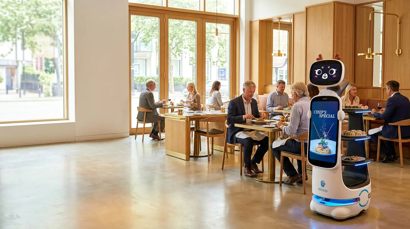 Keenon DINERBOT T10 delivering food and drinks in a bright modern restaurant