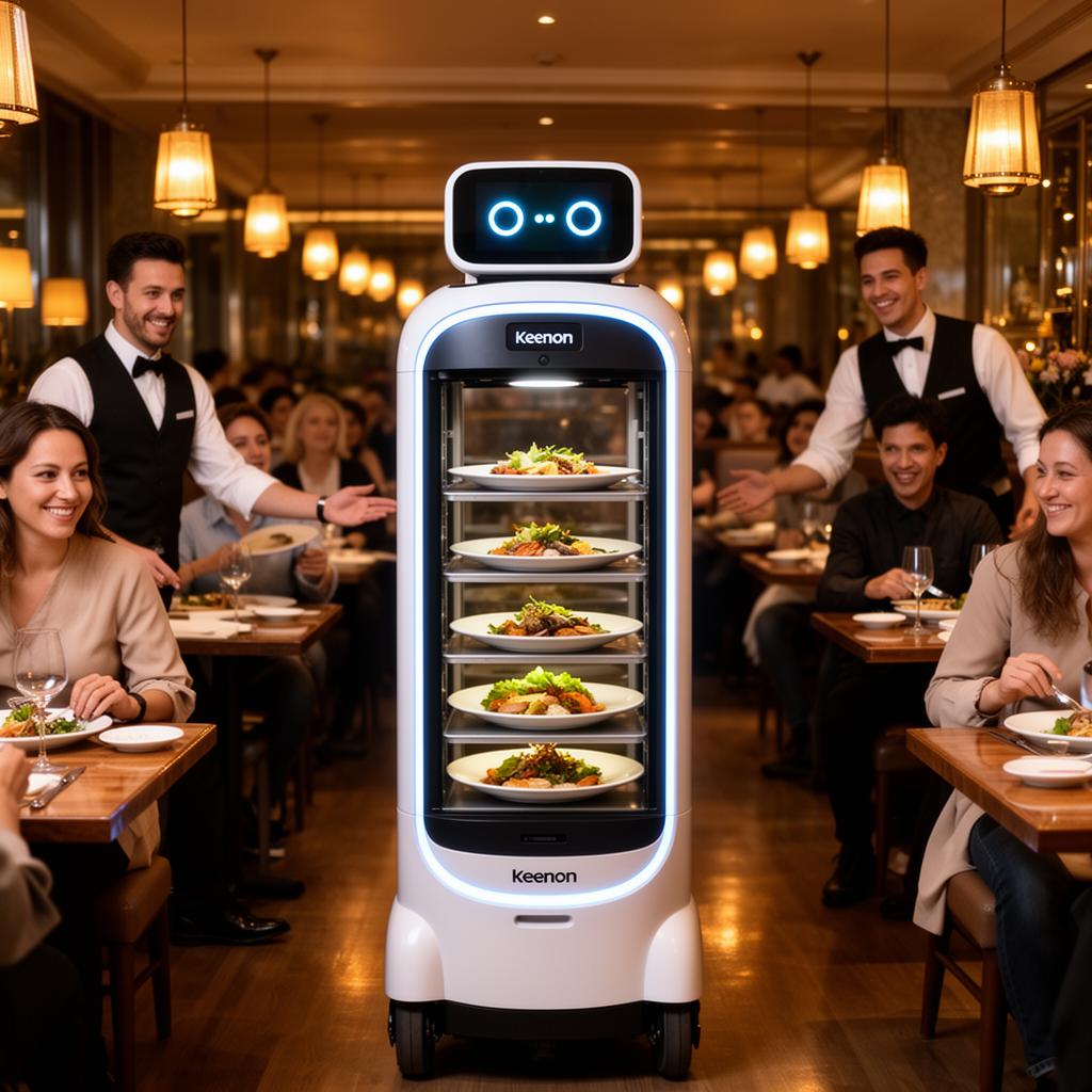 Keenon service robot delivering food to guests in a busy UK restaurant