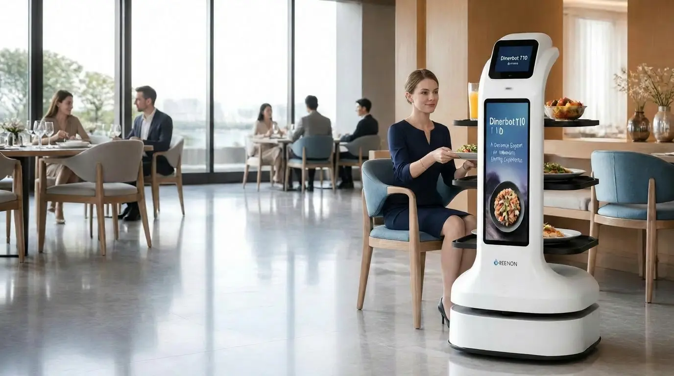 Keenon DINERBOT T6 delivering plated dishes in a busy restaurant